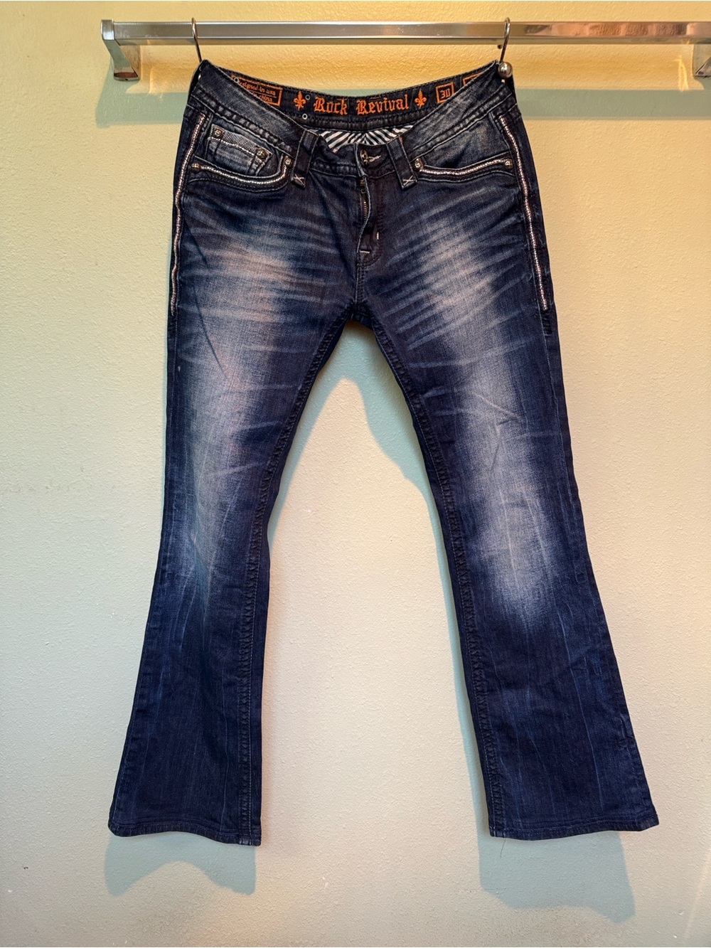Rock Revival Womens Dark Blue Bootcut Jeans with Faded Whiskering 31 in long
